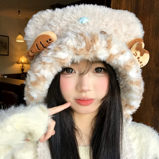 可爱毛茸茸小熊耳朵针织毛绒帽女生冬加绒护耳保暖大头围雷锋帽子