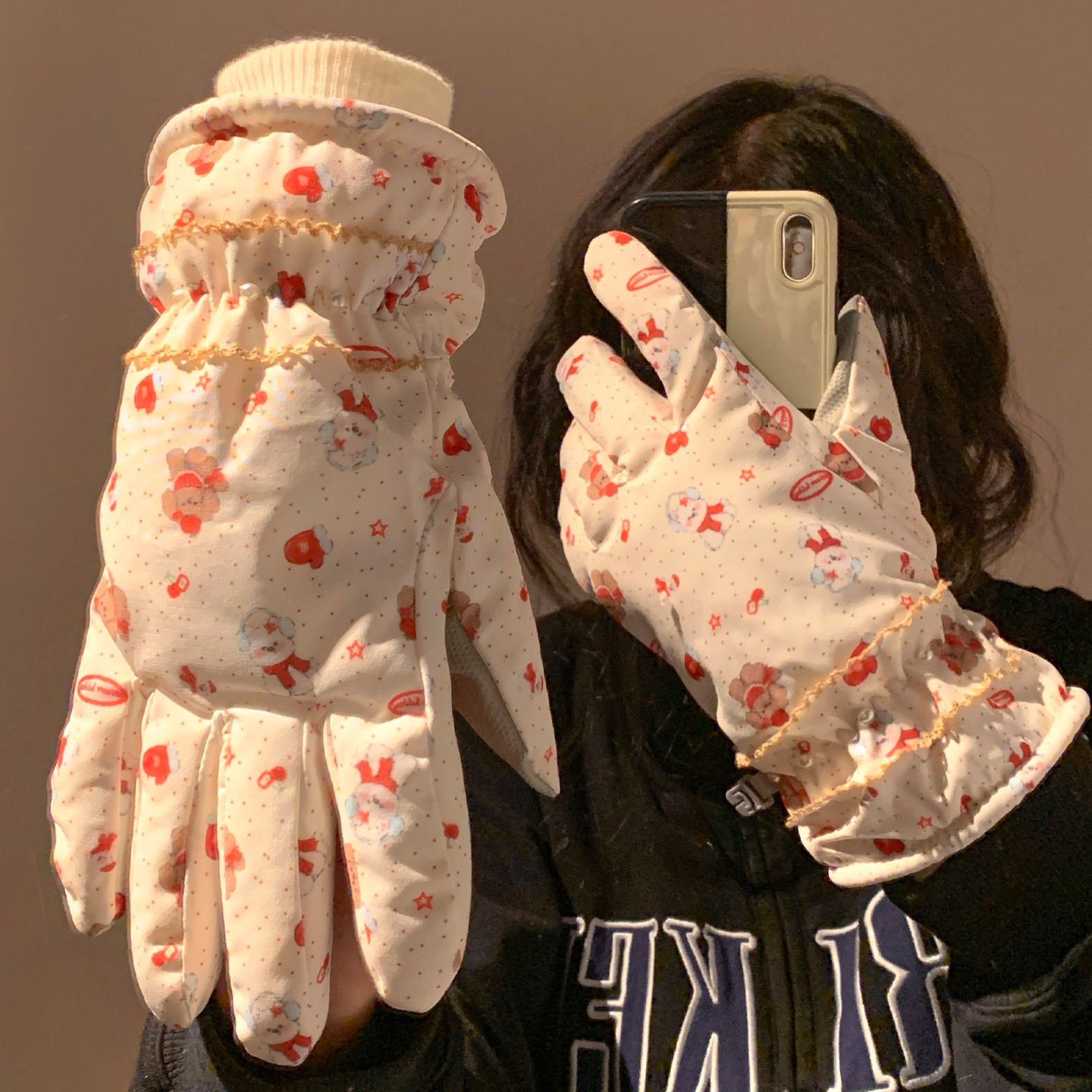 可爱卡通小狗滑雪手套秋冬季加厚