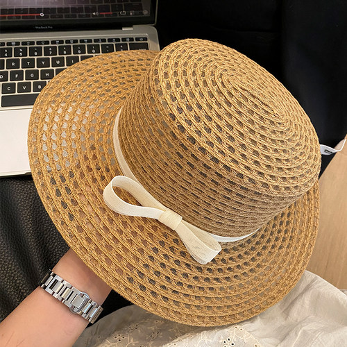 法式蝴蝶结平顶草帽女夏季镂空