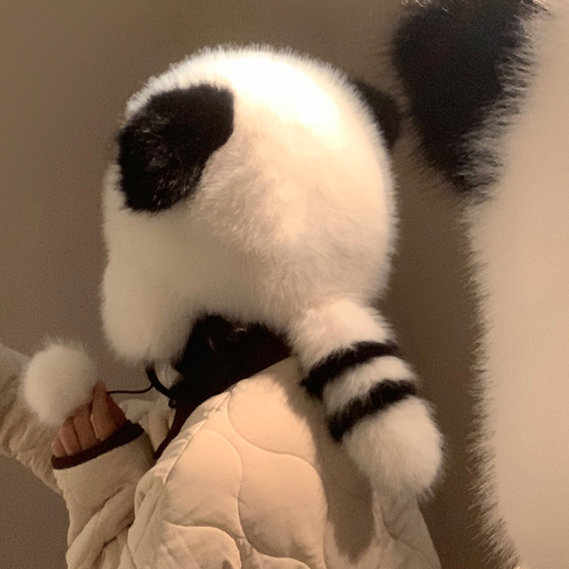 可爱小浣熊毛绒帽子女2025年秋冬