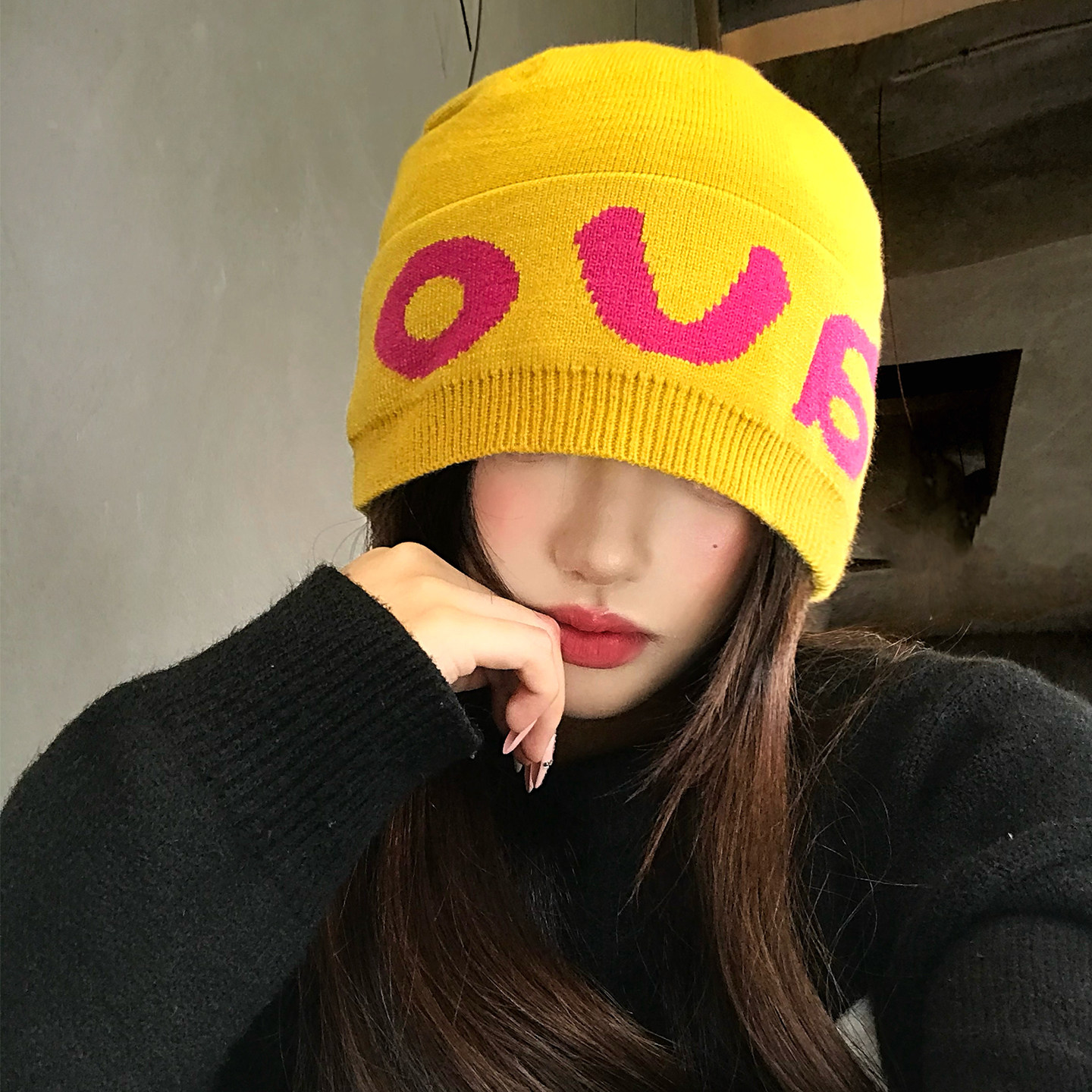 美式字母针织冷帽女秋冬季户外登山滑雪保暖护耳黄色包头毛线帽子