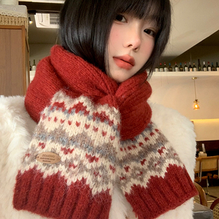 高级感保暖围脖潮 冬季 费尔岛圣诞节红色针织毛线围巾女款 2025新款