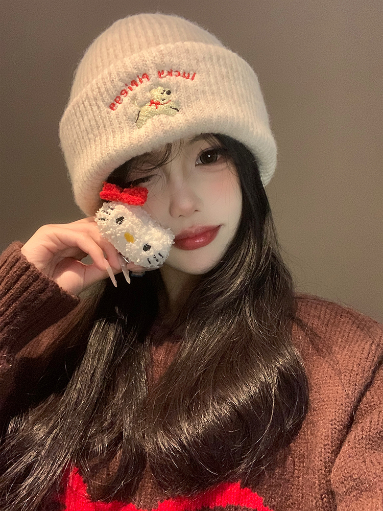 Cute Puppy Embroidered Knitted Wool Hat for Women, 2025 New Autumn and Winter Style, Makes Face Look Smaller, Versatile, Large Head Circumference Hat
