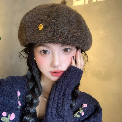 美拉德咖色针织贝雷帽女秋冬季