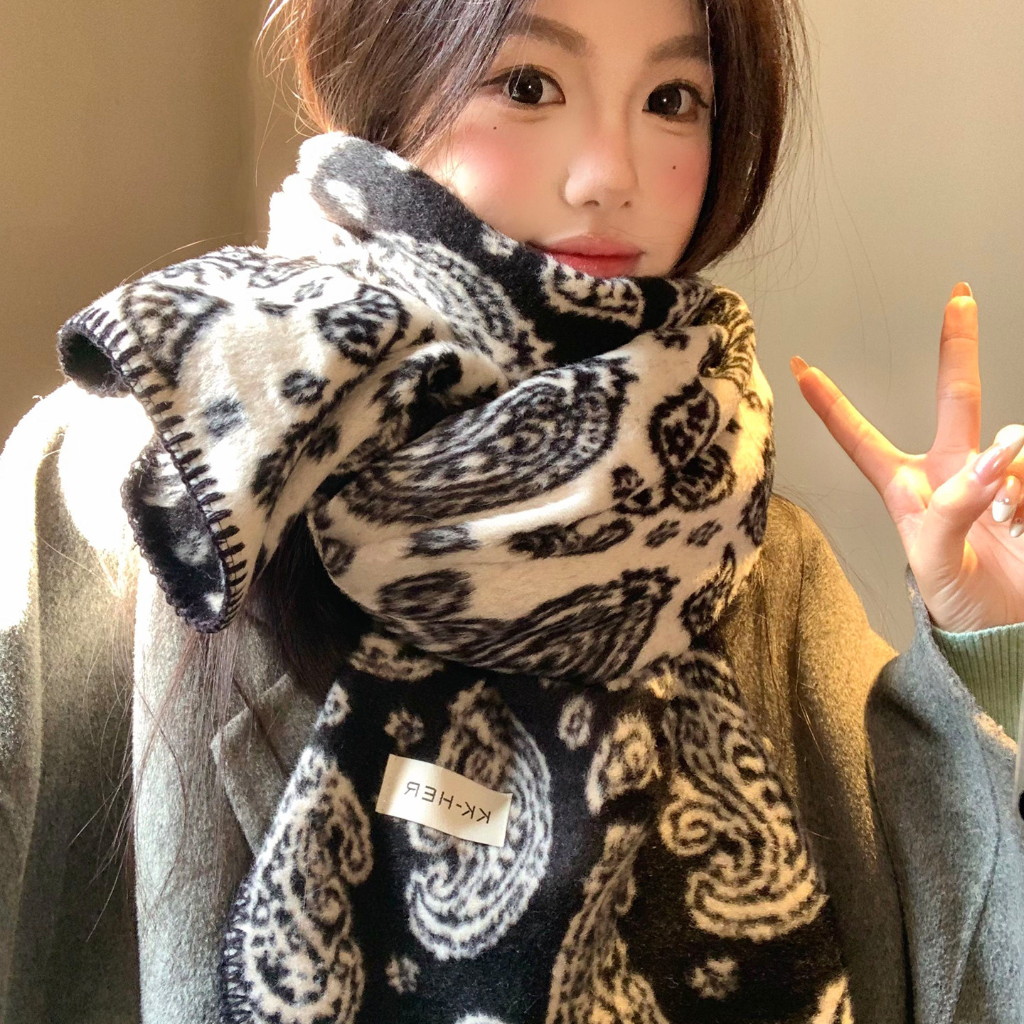 高级感腰果花毛绒针织围巾女秋冬