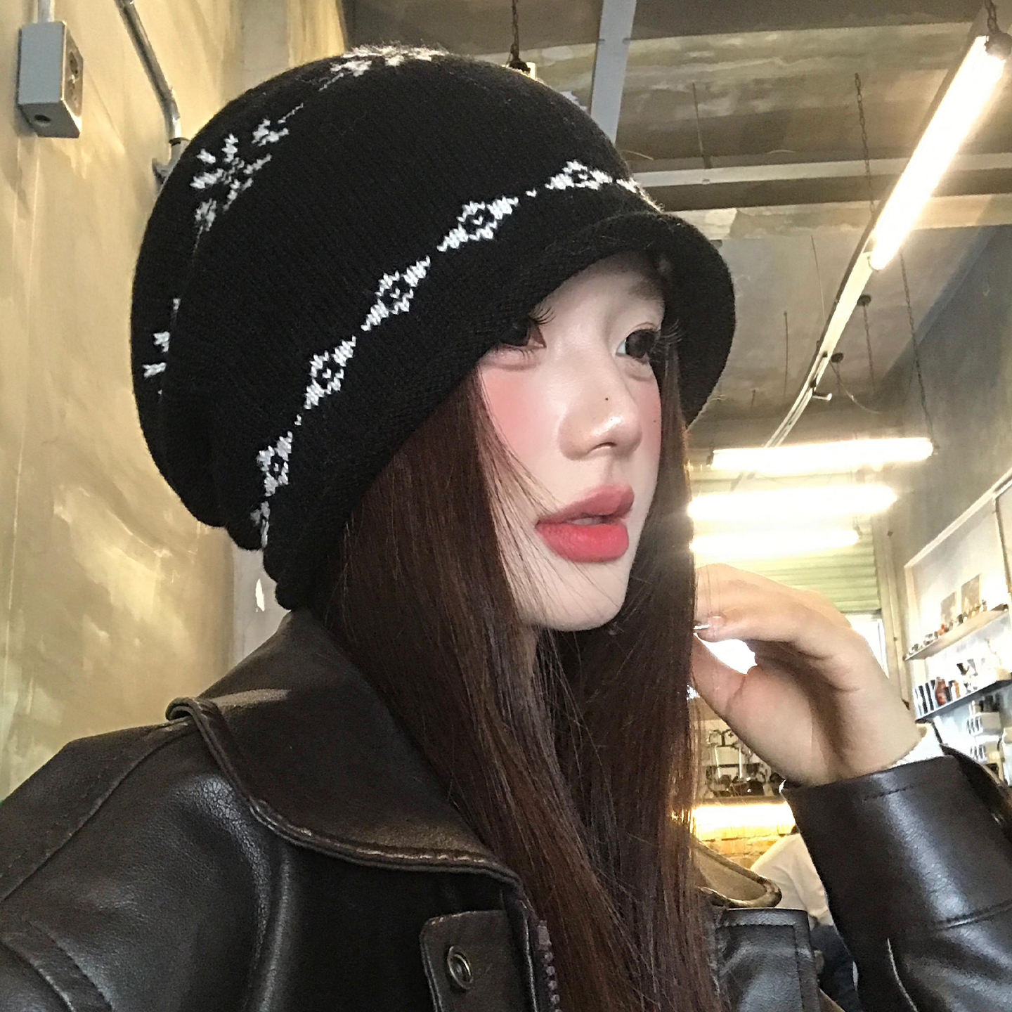 费尔岛提花卷边针织冷帽女秋冬季