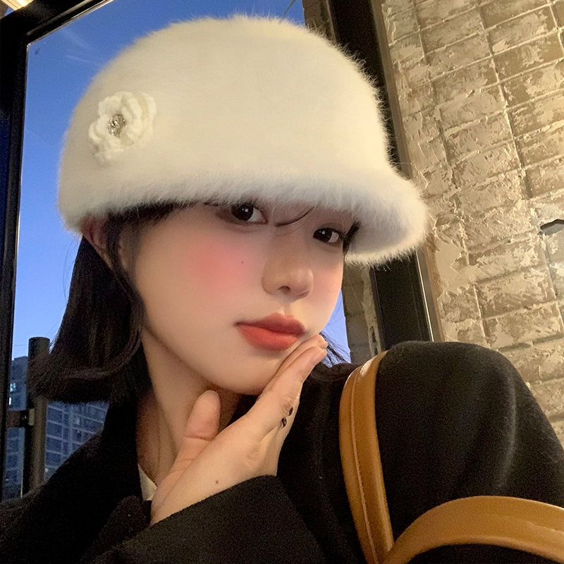 兔毛贝雷帽女2024年秋冬季白色毛绒帽子韩系显脸小百搭气质小礼帽