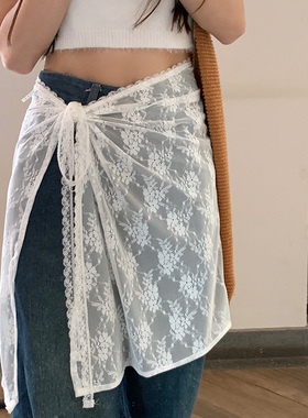 韩版白色蕾丝花朵屁帘女2025年春新款小众设计甜美半身裙百搭围裙