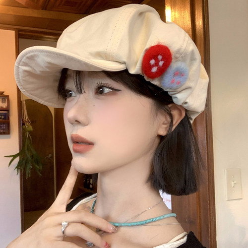 日系复古彩色毛毡纽扣棉麻八角帽