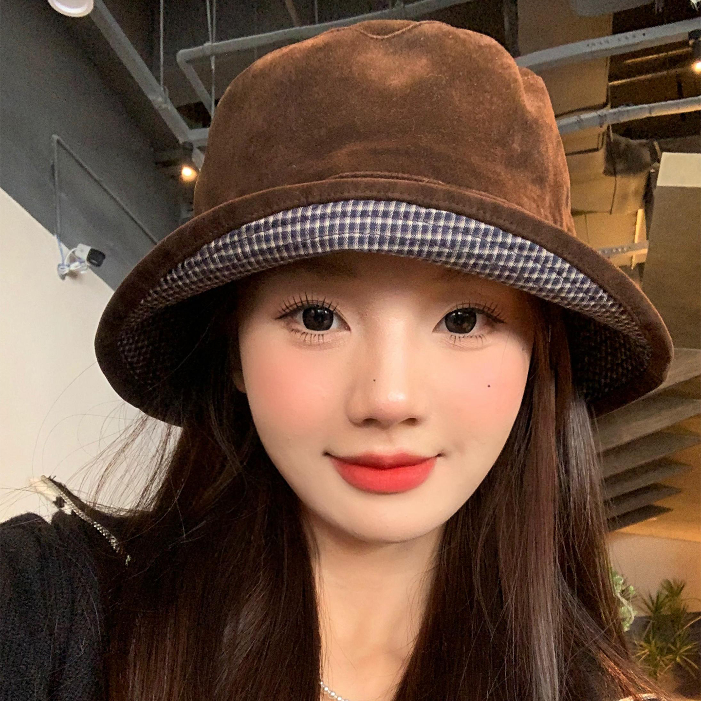 日系复古双面戴格纹渔夫帽女气质