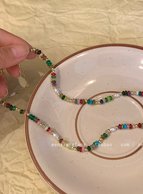 天然石彩色多巴胺项链女款高级感