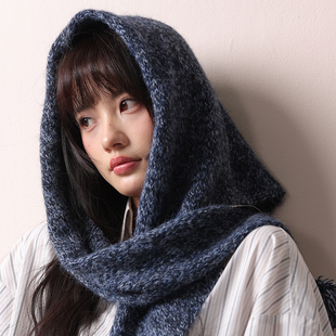 复古混色毛球针织三角围巾女小众氛围感毛衣披肩护颈保暖围脖外搭