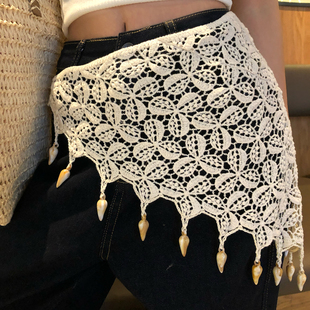 三叶草镂空流苏针织屁帘女高级感三角巾叠穿时尚装饰遮屁股半身裙