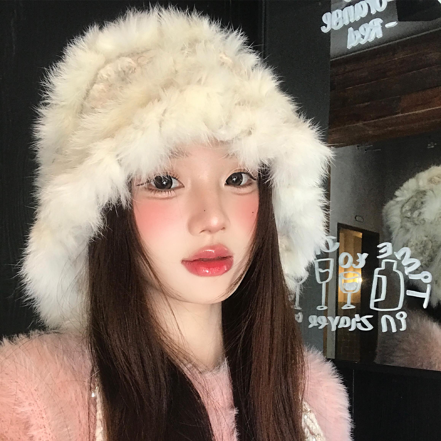 兔毛帽子女秋冬保暖大头围毛绒