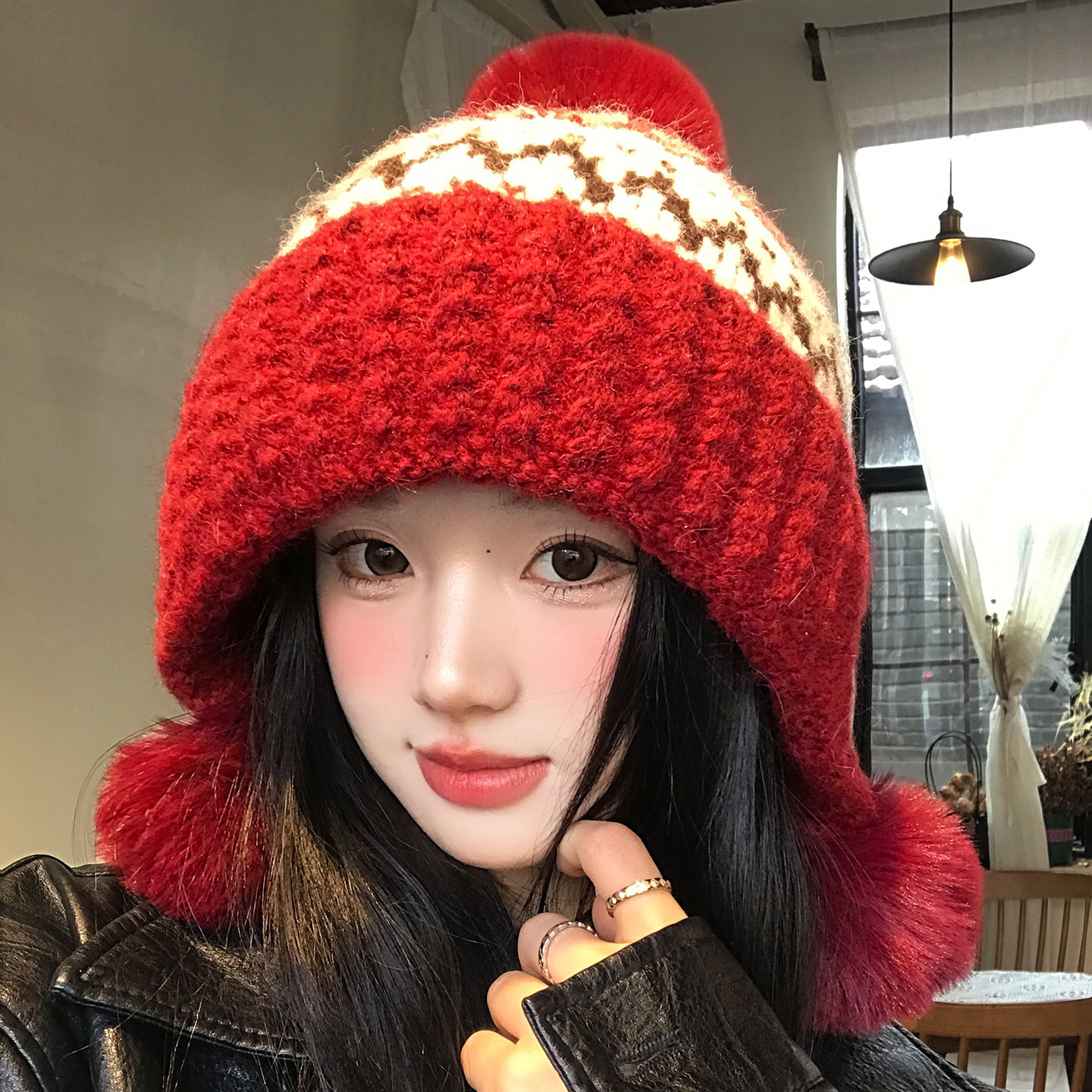 红色费尔岛复古提花针织帽女士冬季加厚保暖护耳帽显脸小毛线帽子,服饰配件/皮带/帽子/围巾,帽子,淘宝优惠券,粉丝福利购,淘宝优惠卷