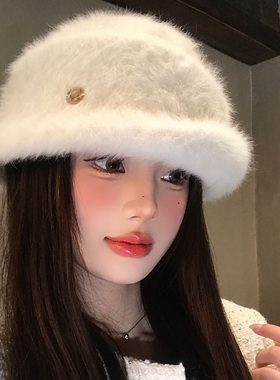加绒款白色法式赫本风千金礼帽女冬保暖盆帽高级感显脸小渔夫帽子
