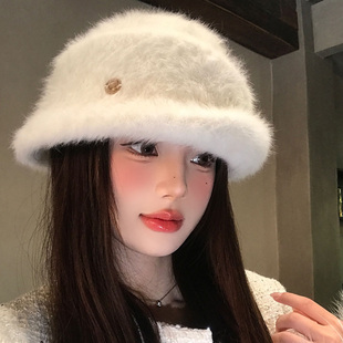 加绒款白色法式赫本风千金礼帽女冬保暖盆帽高级感显脸小渔夫帽子