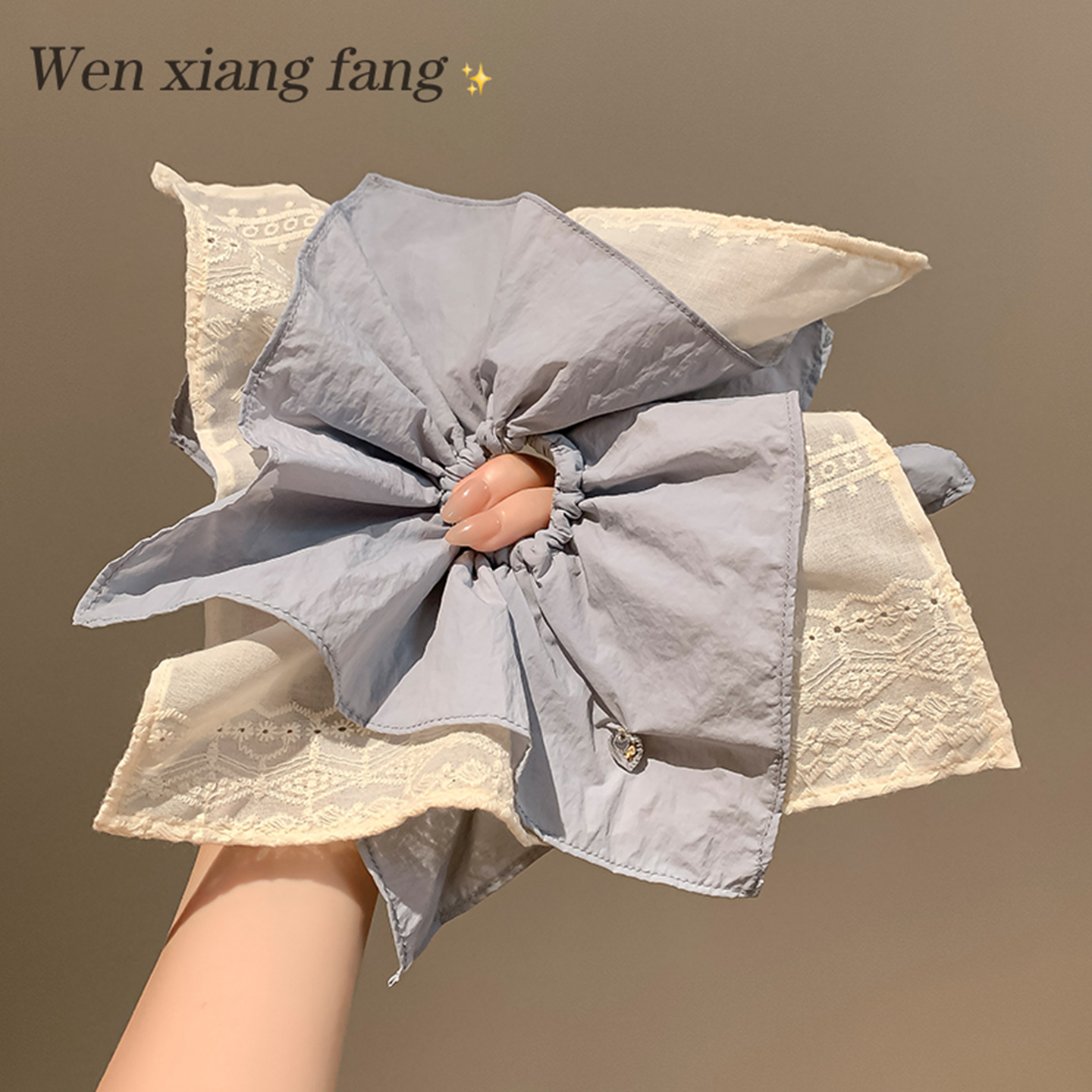 韩系蓝色刺绣方巾发圈女高级感