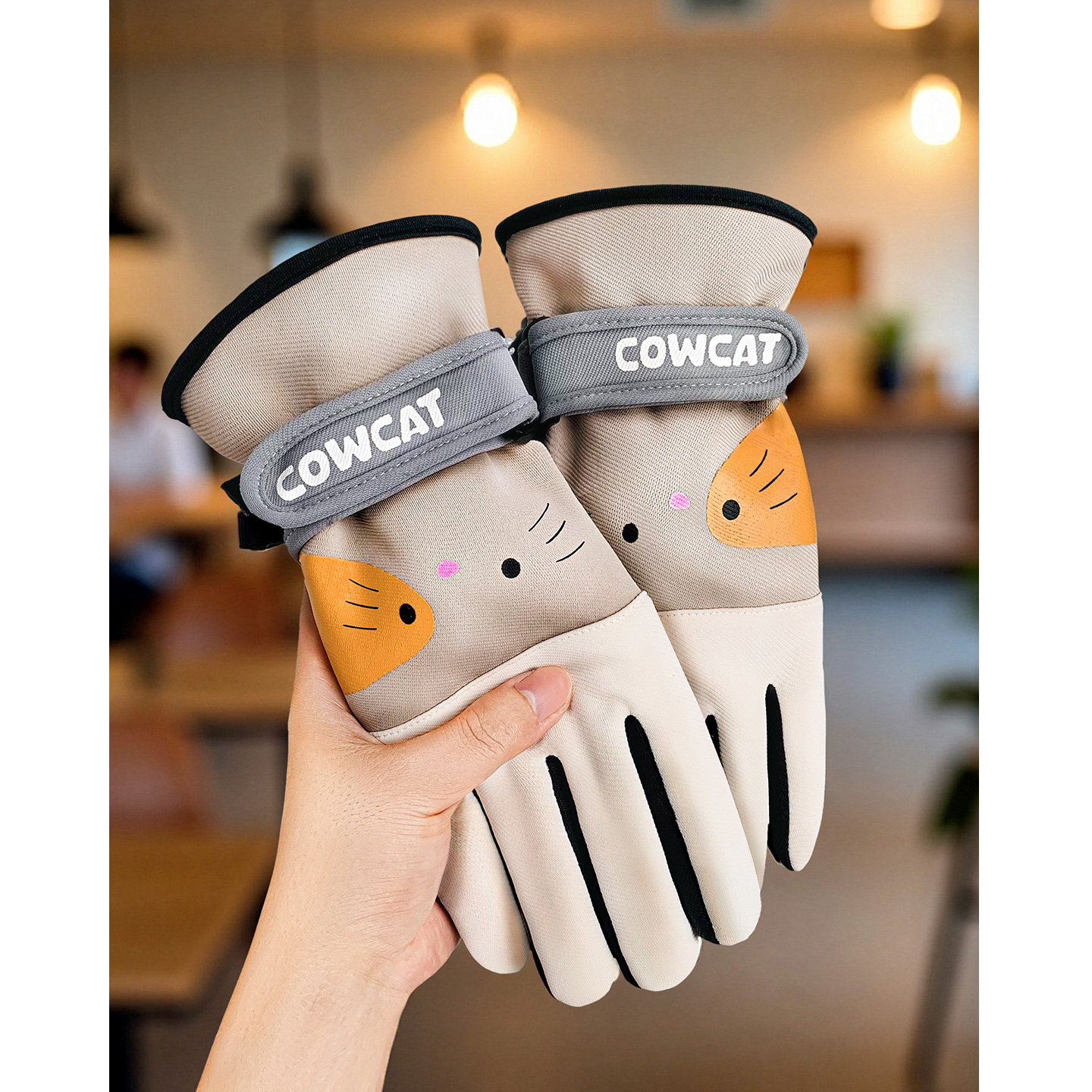可爱猫咪加绒加厚学生女跑步户外骑行秋冬季保暖触屏麂皮绒棉手套