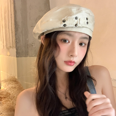 复古做旧水洗牛仔贝雷帽子女2025