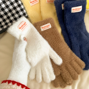 露指分指触屏长款 韩版 玩手机骑行防寒手套 毛绒手套女冬季 2025新款