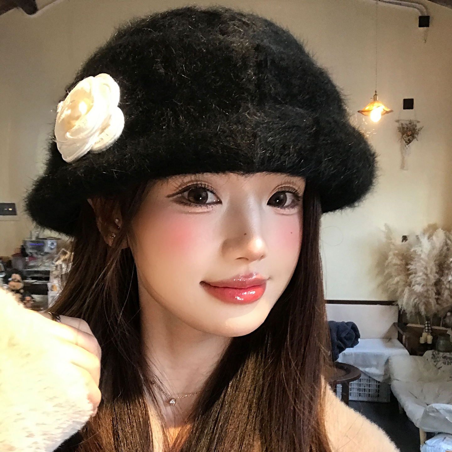 加绒款黑色山茶花千金风礼帽女冬