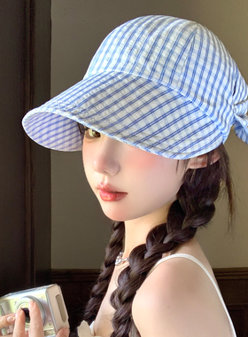 韩系蓝白色格子渔夫帽大帽檐显脸小遮阳鸭舌帽子女夏季薄款防晒帽