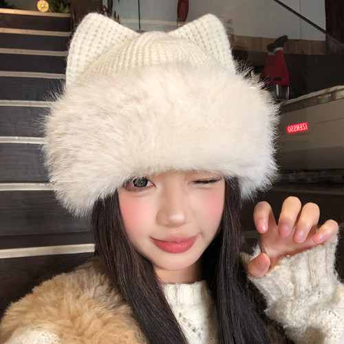 可爱猫耳朵白色毛绒针织帽子女冬