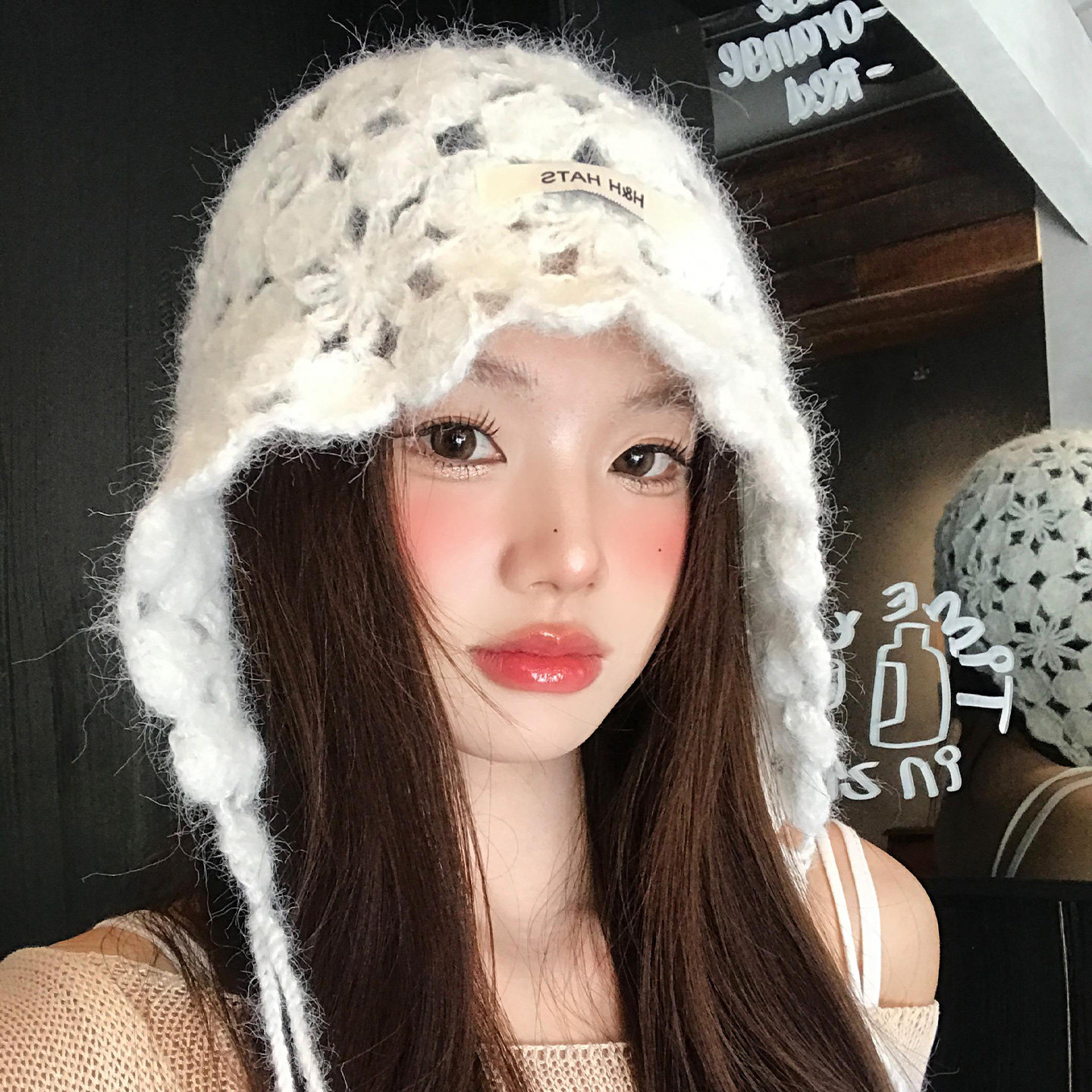 波西米亚手工编织花朵镂空包头帽图片