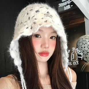 波西米亚手工编织花朵镂空包头帽女秋冬显脸小民族风毛线针织帽子