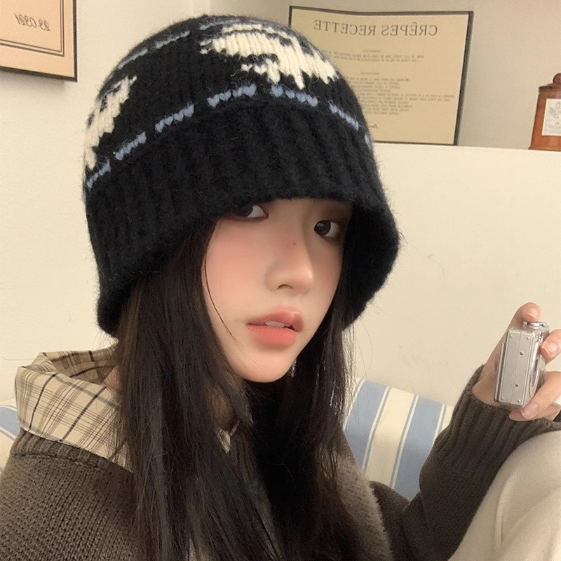 黑色复古针织帽子女冬季韩系百搭显脸小毛线水桶帽保暖防寒护耳帽