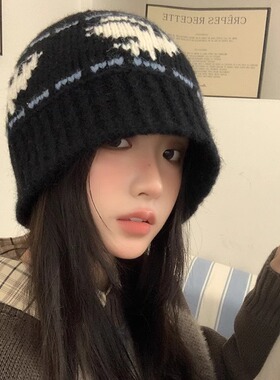 黑色复古针织帽子女冬季韩系百搭显脸小毛线水桶帽保暖防寒护耳帽