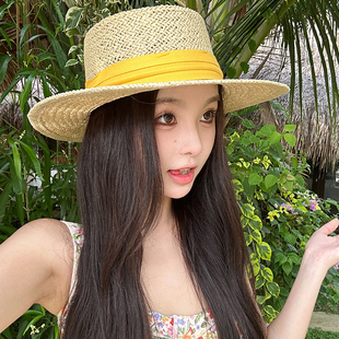海边度假防晒遮阳帽大帽檐草编太阳帽子 夏季 法式 镂空平顶草帽女款