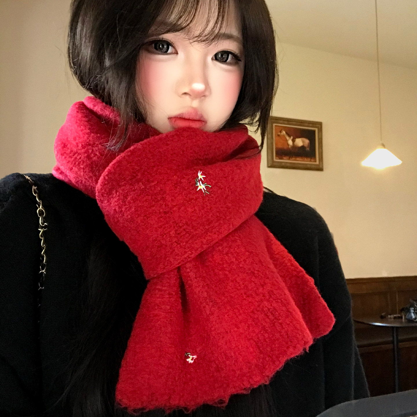 韩系ins感刺绣小花红色针织围巾女冬氛围感加厚保暖防寒护颈围脖,服饰配件/皮带/帽子/围巾,围巾/丝巾/披肩,淘宝优惠券,粉丝福利购,淘宝优惠卷