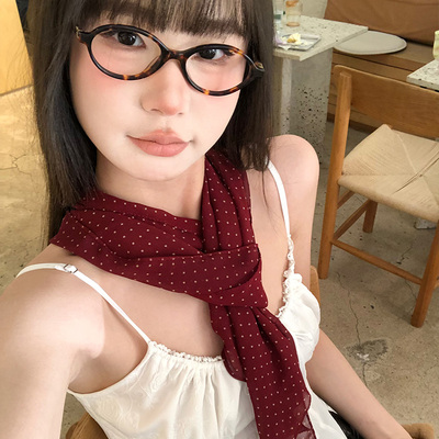 复古焦糖色波点丝巾女法式高级感