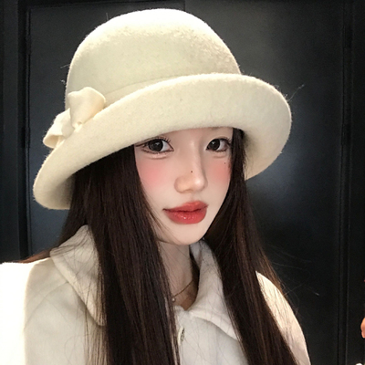 千金风蝴蝶结翻檐毛呢礼帽女士冬