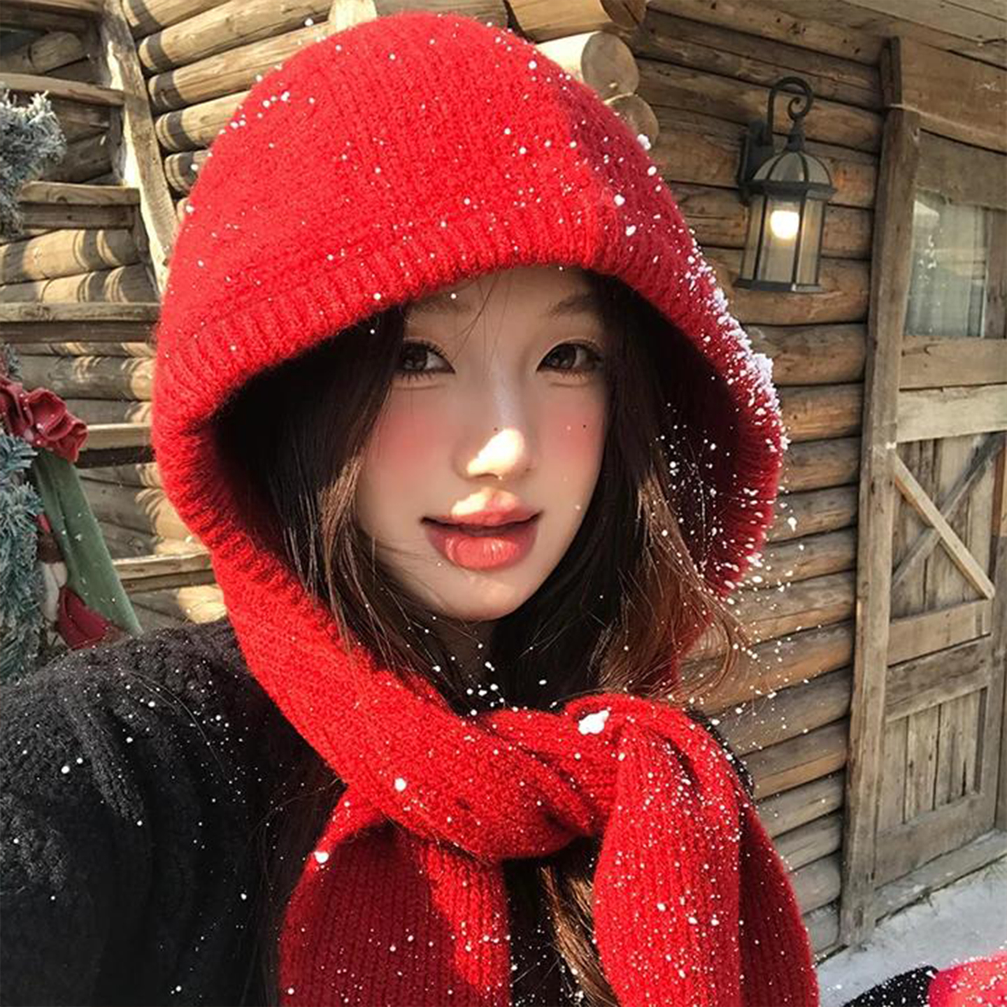 红色巴拉克拉法帽女秋冬保暖针织帽子围巾一体防寒连帽围脖毛线帽