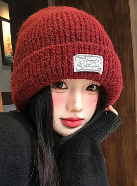 红色新年2026新款毛线帽女冬季加厚保暖冷帽显脸小大头围针织帽子