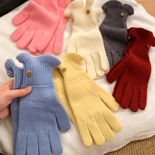 纯色针织花边毛线手套女冬季 保暖韩系骑行防寒露指可触屏 护腕长款