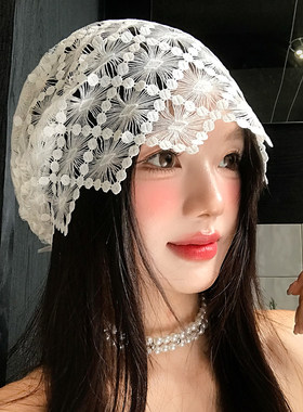 夏季白色蕾丝镂空堆堆包头帽女薄