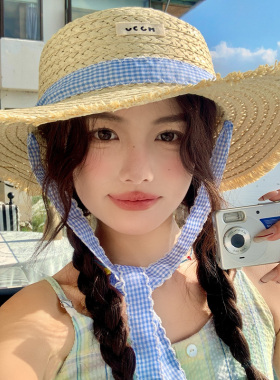 蓝色格子飘带平顶拉菲草帽女夏季2026新款大帽檐海边沙滩遮阳帽子