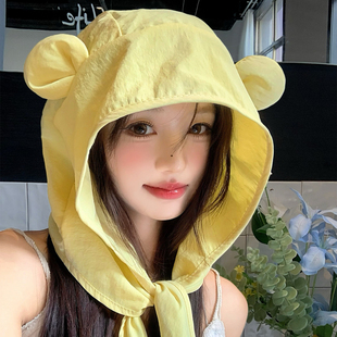 可爱小熊耳朵速干防晒帽女士夏季薄款透气包头帽子户外遮阳渔夫帽