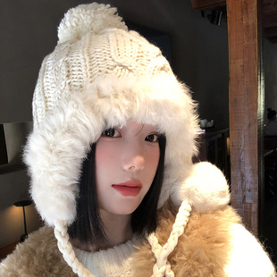 东北长白山兔毛针织雷锋帽女生冬季雪地可爱毛球保暖护耳毛绒帽子