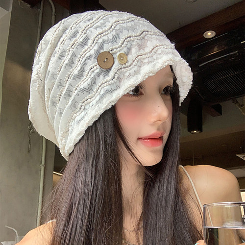 蕾丝纽扣堆堆帽女夏季薄款镂空