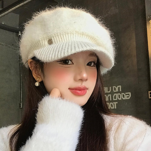 兔毛高级感针织毛绒贝雷帽女秋冬