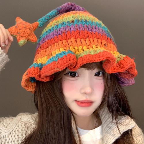 多巴胺彩虹色星星针织精灵帽女冬