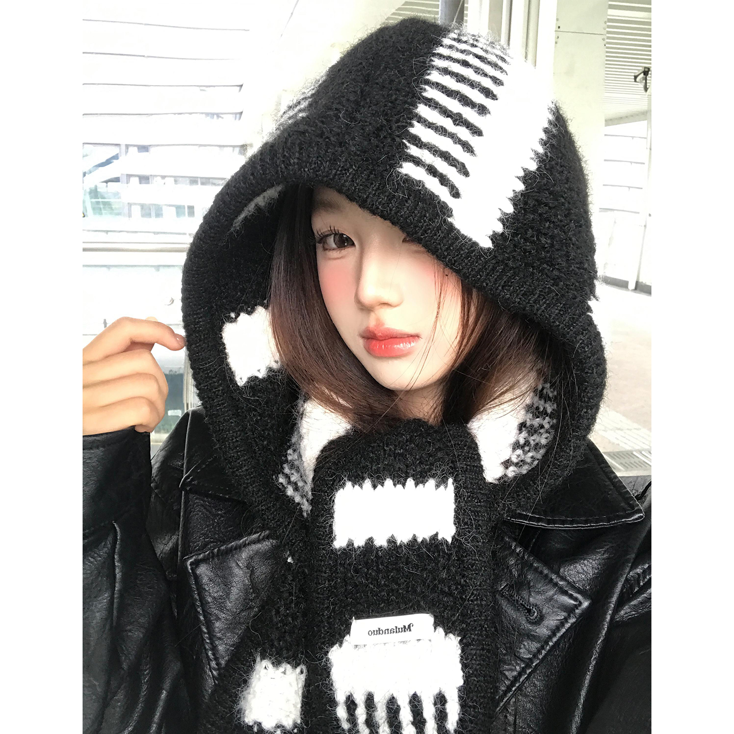 黑白条纹针织巴拉克拉法帽女秋冬