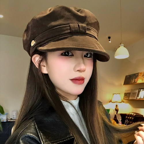 美拉德咖色麂皮绒贝雷帽女秋冬