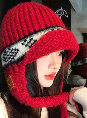 费尔岛红色复古针织护耳帽女冬加厚保暖显脸小大头围飞行雷锋帽子