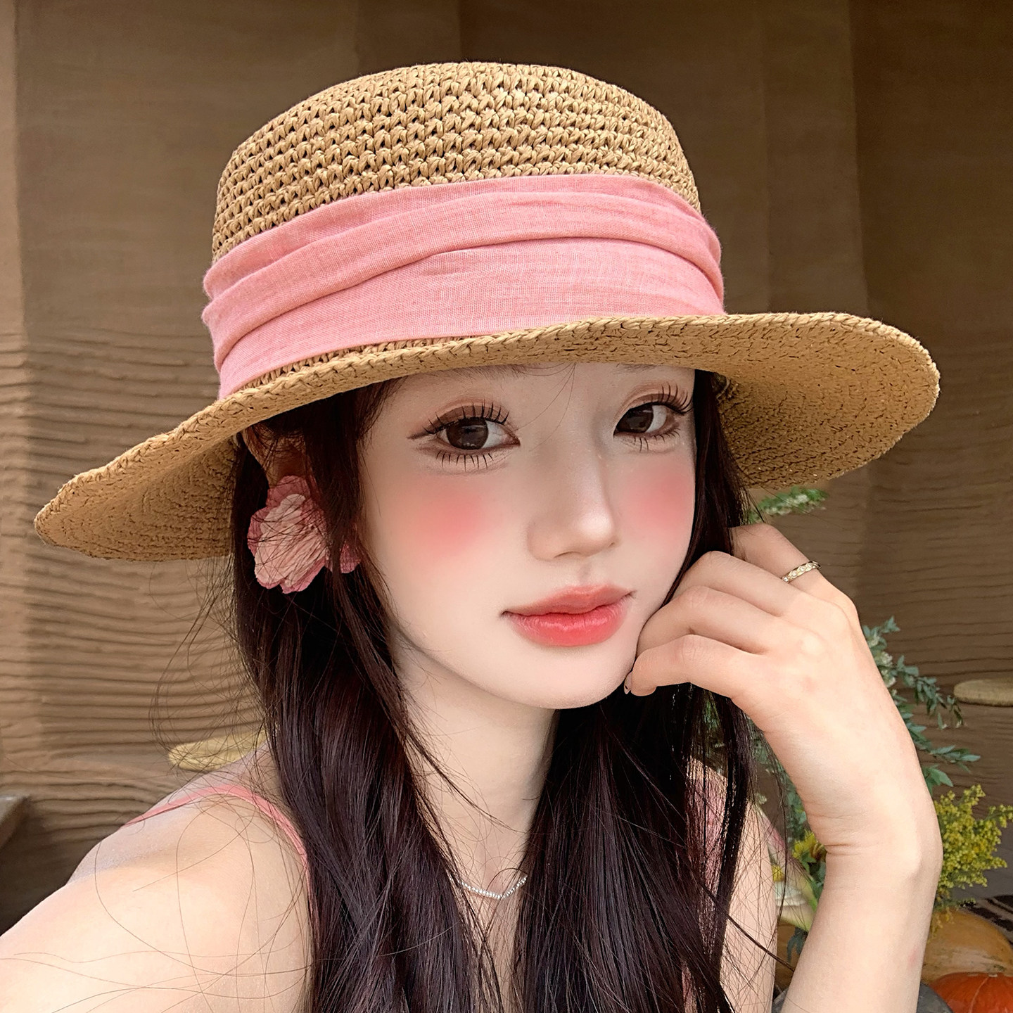 法式粉色织带平顶草帽女夏高级感礼帽海边度假遮阳大头围防晒帽子